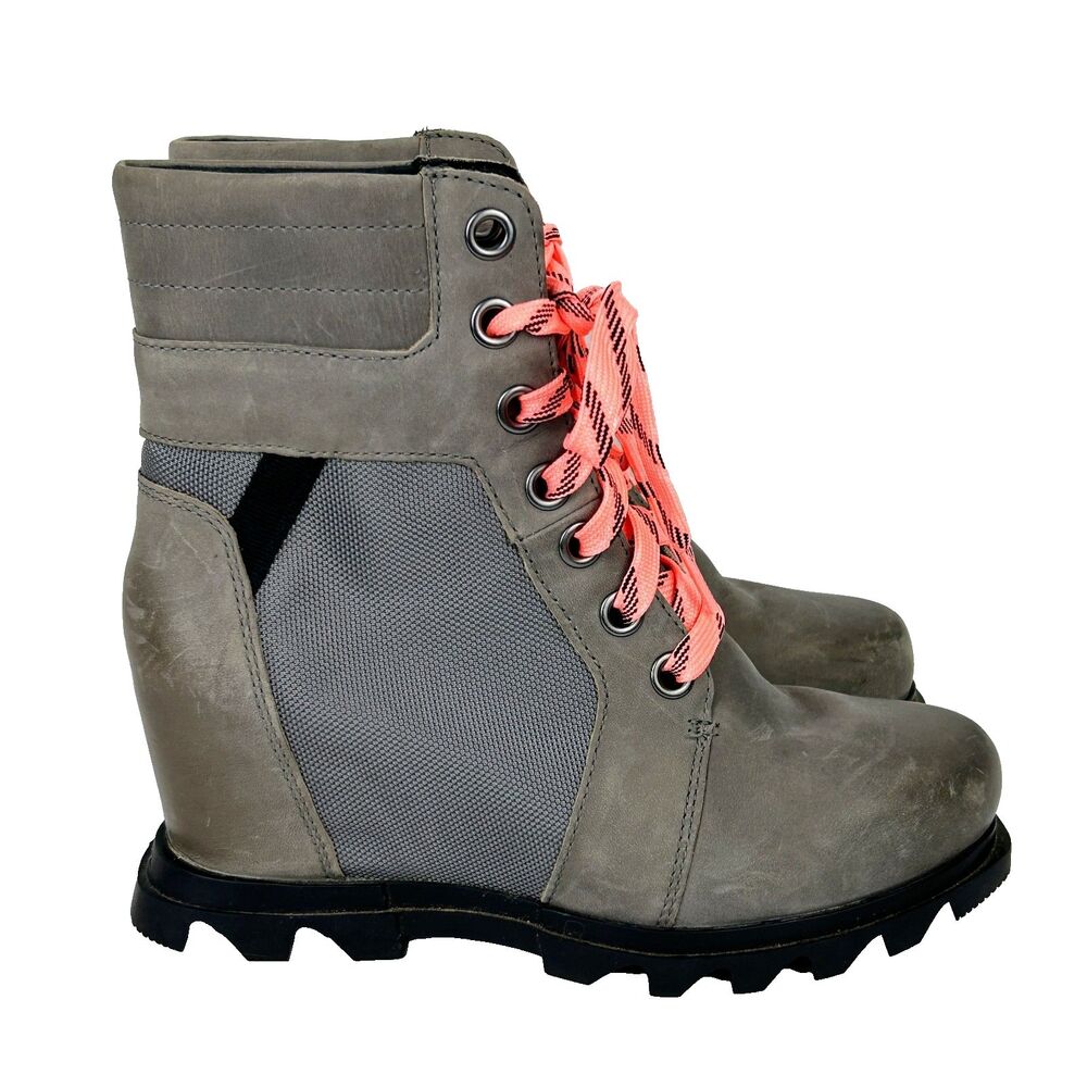 Sorel Joan of Arctic Wedge Boots Lexie III Lace Up Rain Bootie Quarry Grey 7.5